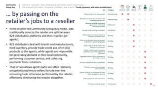 92
… by passing on the
retailer’s jobs to a reseller
• In the reseller-led Community Group Buy model, jobs
traditionally done by the retailer are split between
B2B distribution platforms and their resellers (or
agents).
• B2B distributors deal with brands and manufacturers,
hold inventory, provide trade credit and often ship
products to the agents, while agents are responsible
for generating demand in their local community,
performing customer service, and collecting
payments from customers.
• That in turn allows agents (who are often relatively
unsophisticated micro-sellers) to take over the
remaining tasks otherwise performed by the retailer,
effectively eliminating the retailer altogether.
Community
Group Buy
Definition > Example > Why should brands and retailers care? > Market size >
P&L economics for sellers > Ecosystem > Outlook > How to win? > Trends, dynamics, and other considerations
 