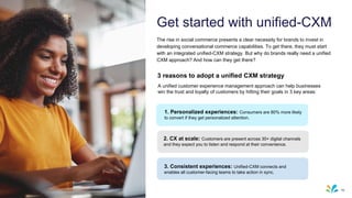 The rise in social commerce presents a clear necessity for brands to invest in
developing conversational commerce capabilities. To get there, they must start
with an integrated unified-CXM strategy. But why do brands really need a unified
CXM approach? And how can they get there?
2. CX at scale: Customers are present across 30+ digital channels
and they expect you to listen and respond at their convenience.
1. Personalized experiences: Consumers are 80% more likely
to convert if they get personalized attention.
3. Consistent experiences: Unified-CXM connects and
enables all customer-facing teams to take action in sync.
Get started with unified-CXM
A unified customer experience management approach can help businesses
win the trust and loyalty of customers by hitting their goals in 3 key areas:
3 reasons to adopt a unified CXM strategy
96
 