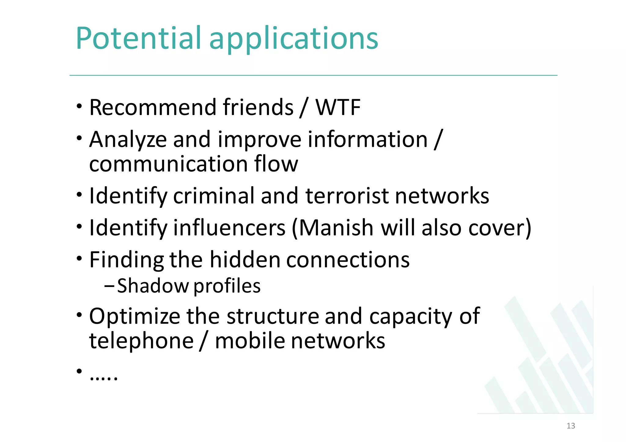 Potential	applications
– Recommend	friends	/	WTF	
– Analyze	and	improve	information	/	
communication	flow		
– Identify	criminal	and	terrorist	networks	
– Identify	influencers	(Manish	will	also	cover)	
– Finding	the	hidden	connections	
-Shadow	profiles		
– Optimize	the	structure	and	capacity	of	
telephone	/	mobile	networks	
– …..	
13
 