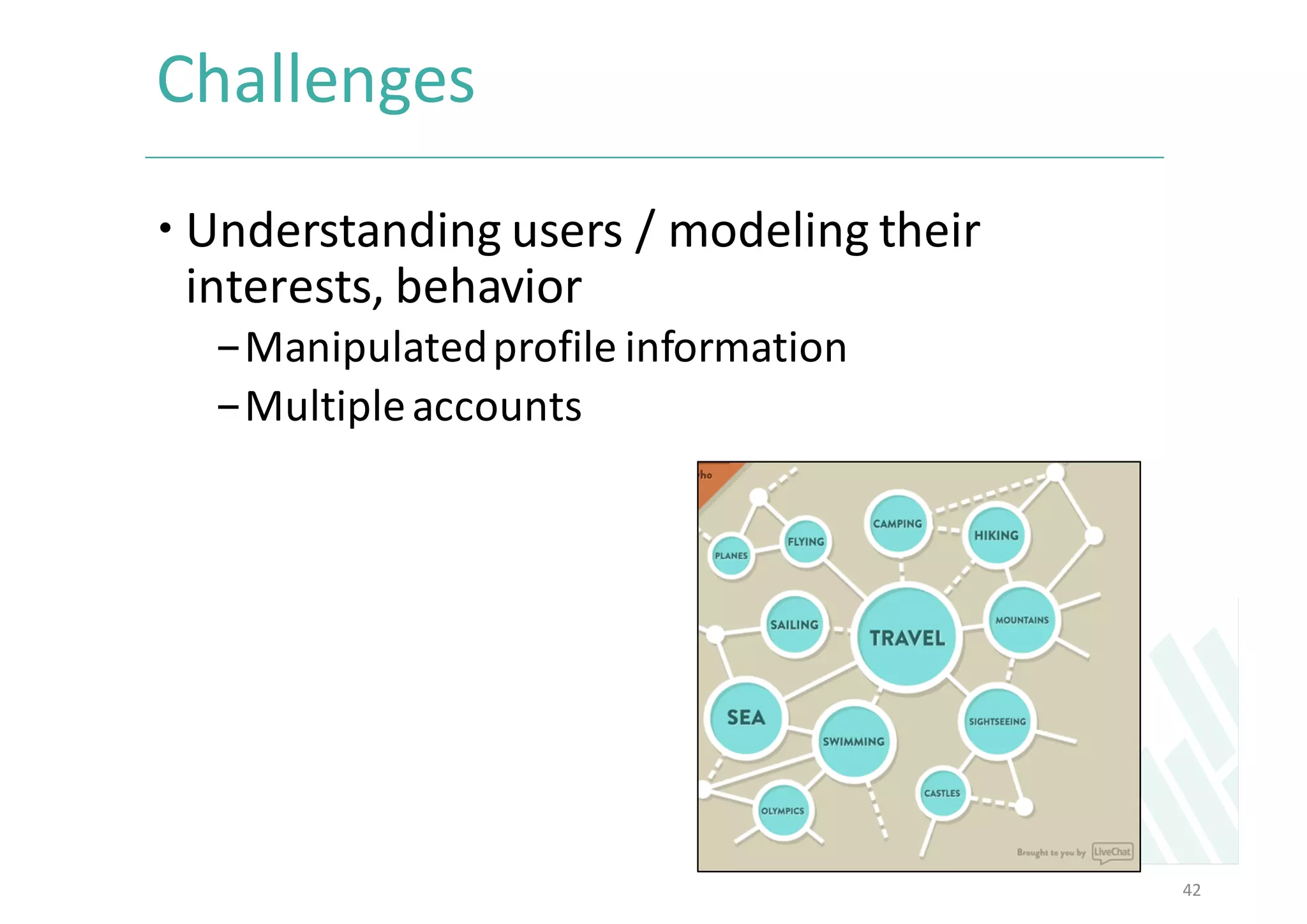 Challenges	
– Understanding	users	/	modeling	their	
interests,	behavior	
-Manipulated	profile	information	
-Multiple	accounts	
42
 