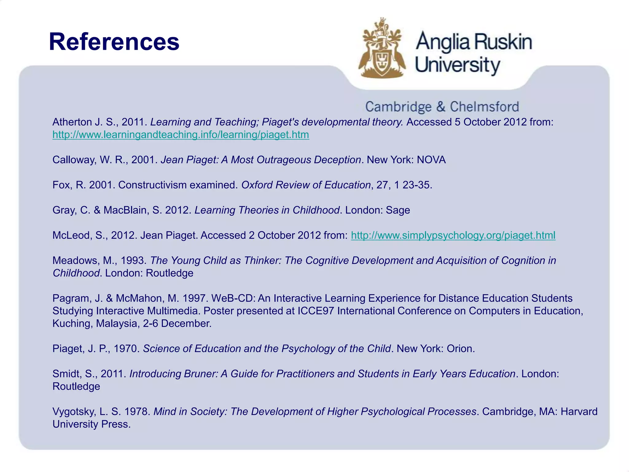 References
Atherton J. S., 2011. Learning and Teaching; Piaget's developmental theory. Accessed 5 October 2012 from:
http://www.learningandteaching.info/learning/piaget.htm
Calloway, W. R., 2001. Jean Piaget: A Most Outrageous Deception. New York: NOVA
Fox, R. 2001. Constructivism examined. Oxford Review of Education, 27, 1 23-35.
Gray, C. & MacBlain, S. 2012. Learning Theories in Childhood. London: Sage
McLeod, S., 2012. Jean Piaget. Accessed 2 October 2012 from: http://www.simplypsychology.org/piaget.html
Meadows, M., 1993. The Young Child as Thinker: The Cognitive Development and Acquisition of Cognition in
Childhood. London: Routledge
Pagram, J. & McMahon, M. 1997. WeB-CD: An Interactive Learning Experience for Distance Education Students
Studying Interactive Multimedia. Poster presented at ICCE97 International Conference on Computers in Education,
Kuching, Malaysia, 2-6 December.
Piaget, J. P., 1970. Science of Education and the Psychology of the Child. New York: Orion.
Smidt, S., 2011. Introducing Bruner: A Guide for Practitioners and Students in Early Years Education. London:
Routledge
Vygotsky, L. S. 1978. Mind in Society: The Development of Higher Psychological Processes. Cambridge, MA: Harvard
University Press.
 