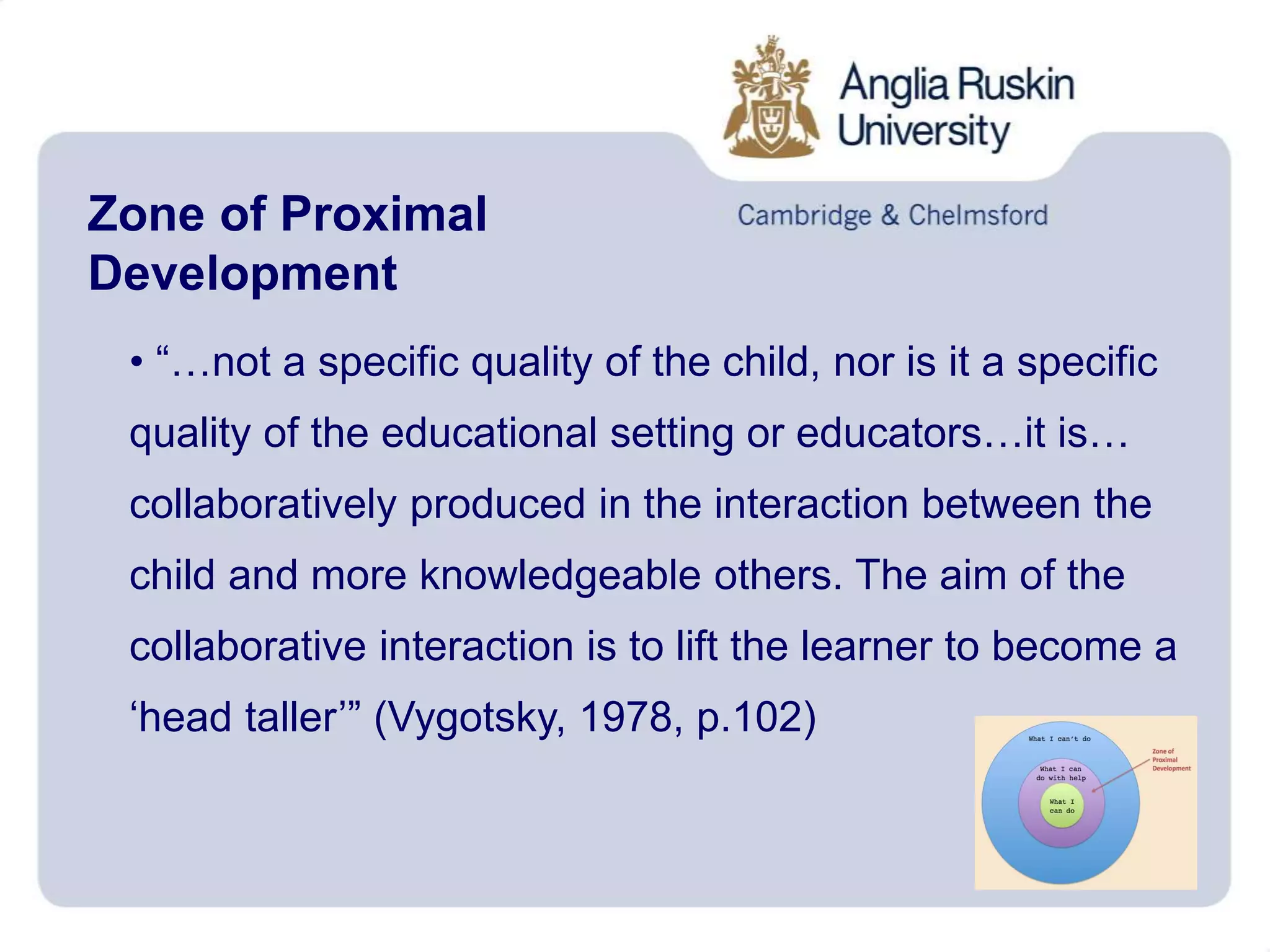 Zone of Proximal
Development
• “…not a specific quality of the child, nor is it a specific
quality of the educational setting or educators…it is…
collaboratively produced in the interaction between the
child and more knowledgeable others. The aim of the
collaborative interaction is to lift the learner to become a
‘head taller’” (Vygotsky, 1978, p.102)
 