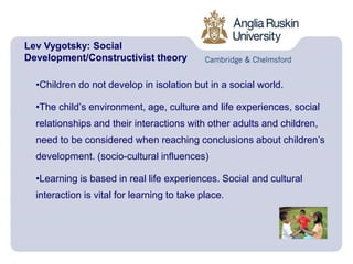 Lev Vygotsky: Social
Development/Constructivist theory
•Children do not develop in isolation but in a social world.
•The child’s environment, age, culture and life experiences, social
relationships and their interactions with other adults and children,
need to be considered when reaching conclusions about children’s
development. (socio-cultural influences)
•Learning is based in real life experiences. Social and cultural
interaction is vital for learning to take place.
 