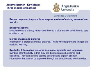 Jerome Bruner - Key ideas:
Three modes of learning
Bruner proposed they are three ways or modes of making sense of our
world…
Enactive: actions
Muscle memory: a baby remembers how to shake a rattle, adult: how to type
or drive a car.
Iconic: images and pictures
Information is stored as mental pictures. This is why diagram and images are
useful to learning.
Symbolic: Information is stored as a code, symbols and language.
Symbols offer flexibility in that they can be manipulated, ordered and
classified. They can also be used to describe and explain abstract
information that cannot be explored through the enactive and iconic modes.
 