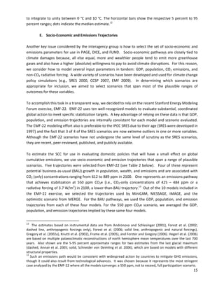  
 




















to integrate to unity between 0 °C and 10 °C. The horizontal bars show the respective 5 percent to 95
percent ranges; dots indicate the median estimate.12
E. Socio-Economic and Emissions Trajectories
Another key issue considered by the interagency group is how to select the set of socio-economic and
emissions parameters for use in PAGE, DICE, and FUND. Socio-economic pathways are closely tied to
climate damages because, all else equal, more and wealthier people tend to emit more greenhouse
gases and also have a higher (absolute) willingness to pay to avoid climate disruptions. For this reason,
we consider how to model several input parameters in tandem: GDP, population, CO2 emissions, and
non-CO2 radiative forcing. A wide variety of scenarios have been developed and used for climate change
policy simulations (e.g., SRES 2000, CCSP 2007, EMF 2009). In determining which scenarios are
appropriate for inclusion, we aimed to select scenarios that span most of the plausible ranges of
outcomes for these variables.
To accomplish this task in a transparent way, we decided to rely on the recent Stanford Energy Modeling
Forum exercise, EMF-22. EMF-22 uses ten well-recognized models to evaluate substantial, coordinated
global action to meet specific stabilization targets. A key advantage of relying on these data is that GDP,
population, and emission trajectories are internally consistent for each model and scenario evaluated.
The EMF-22 modeling effort also is preferable to the IPCC SRES due to their age (SRES were developed in
1997) and the fact that 3 of 4 of the SRES scenarios are now extreme outliers in one or more variables.
Although the EMF-22 scenarios have not undergone the same level of scrutiny as the SRES scenarios,
they are recent, peer-reviewed, published, and publicly available.
To estimate the SCC for use in evaluating domestic policies that will have a small effect on global
cumulative emissions, we use socio-economic and emission trajectories that span a range of plausible
scenarios. Five trajectories were selected from EMF-22 (see Table 2 below). Four of these represent
potential business-as-usual (BAU) growth in population, wealth, and emissions and are associated with
CO2 (only) concentrations ranging from 612 to 889 ppm in 2100. One represents an emissions pathway
that achieves stabilization at 550 ppm CO2e (i.e., CO2-only concentrations of 425 – 484 ppm or a
radiative forcing of 3.7 W/m2
) in 2100, a lower-than-BAU trajectory.13
Out of the 10 models included in
the EMF-22 exercise, we selected the trajectories used by MiniCAM, MESSAGE, IMAGE, and the
optimistic scenario from MERGE. For the BAU pathways, we used the GDP, population, and emission
trajectories from each of these four models. For the 550 ppm CO2e scenario, we averaged the GDP,
population, and emission trajectories implied by these same four models.
12
The estimates based on instrumental data are from Andronova and Schlesinger (2001), Forest et al. (2002;
�
dashed line, anthropogenic forcings only), Forest et al. (2006; solid line, anthropogenic and natural forcings),
�
Gregory et al. (2002a), Knutti et al. (2002), Frame et al. (2005), and Forster and Gregory (2006). Hegerl et al. (2006)
�
are based on multiple palaeoclimatic reconstructions of north hemisphere mean temperatures over the last 700
�
years. Also shown are the 5-95 percent approximate ranges for two estimates from the last glacial maximum
�
(dashed, Annan et al. 2005; solid, Schneider von Deimling et al. 2006), which are based on models with different
�
structural properties.
�
13
Such an emissions path would be consistent with widespread action by countries to mitigate GHG emissions,
�
though it could also result from technological advances. It was chosen because it represents the most stringent
�
case analyzed by the EMF-22 where all the models converge: a 550 ppm, not to exceed, full participation scenario.
�
15
 