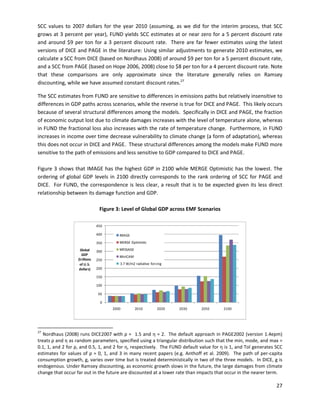 SCC values to 2007 dollars for the year 2010 (assuming, as we did for the interim process, that SCC
grows at 3 percent per year), FUND yields SCC estimates at or near zero for a 5 percent discount rate
and around $9 per ton for a 3 percent discount rate. There are far fewer estimates using the latest
versions of DICE and PAGE in the literature: Using similar adjustments to generate 2010 estimates, we
calculate a SCC from DICE (based on Nordhaus 2008) of around $9 per ton for a 5 percent discount rate,
and a SCC from PAGE (based on Hope 2006, 2008) close to $8 per ton for a 4 percent discount rate. Note
that these comparisons are only approximate since the literature generally relies on Ramsey
discounting, while we have assumed constant discount rates.27
The SCC estimates from FUND are sensitive to differences in emissions paths but relatively insensitive to
differences in GDP paths across scenarios, while the reverse is true for DICE and PAGE. This likely occurs
because of several structural differences among the models. Specifically in DICE and PAGE, the fraction
of economic output lost due to climate damages increases with the level of temperature alone, whereas
in FUND the fractional loss also increases with the rate of temperature change. Furthermore, in FUND
increases in income over time decrease vulnerability to climate change (a form of adaptation), whereas
this does not occur in DICE and PAGE. These structural differences among the models make FUND more
sensitive to the path of emissions and less sensitive to GDP compared to DICE and PAGE.
Figure 3 shows that IMAGE has the highest GDP in 2100 while MERGE Optimistic has the lowest. The
ordering of global GDP levels in 2100 directly corresponds to the rank ordering of SCC for PAGE and
DICE. For FUND, the correspondence is less clear, a result that is to be expected given its less direct
relationship between its damage function and GDP.
Figure 3: Level of Global GDP across EMF Scenarios
450
400
350
Global 300
GDP
(trillions 250
of U.S.
dollars) 200
150
100
50
0
2000 2010 2020 2030 2050 2100
IMAGE
MERGE Optimistic
MESSAGE
MiniCAM
3.7 W/m2 radiative forcing
27
Nordhaus (2008) runs DICE2007 with ρ = 1.5 and η = 2. The default approach in PAGE2002 (version 1.4epm)
treats ρ and η as random parameters, specified using a triangular distribution such that the min, mode, and max =
0.1, 1, and 2 for ρ, and 0.5, 1, and 2 for η, respectively. The FUND default value for η is 1, and Tol generates SCC
estimates for values of ρ = 0, 1, and 3 in many recent papers (e.g. Anthoff et al. 2009). The path of per-capita
consumption growth, g, varies over time but is treated deterministically in two of the three models. In DICE, g is
endogenous. Under Ramsey discounting, as economic growth slows in the future, the large damages from climate
change that occur far out in the future are discounted at a lower rate than impacts that occur in the nearer term.
27
 