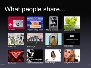 What people share... Cartoons Paintings Humor Love Songs Talk slides Images of women Sermons Standalone lectures Activism Lesson plans Movie reviews Mother’s day cards 