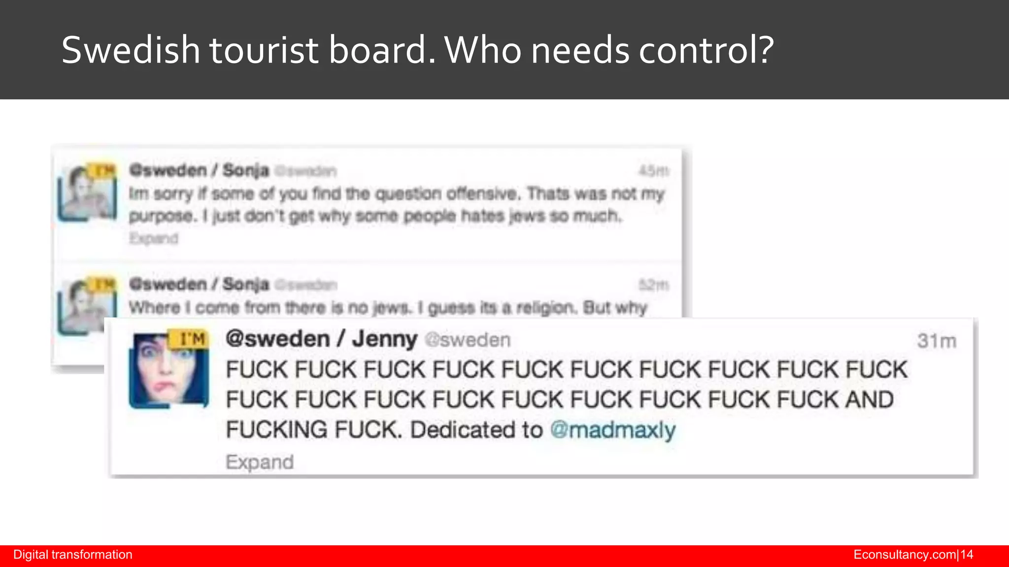 Swedish tourist board. Who needs control?

Digital transformation

Econsultancy.com|14

 