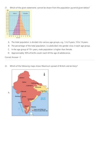 21. Which of the given statements cannot be drawn from the population pyramid given below?
A. The total population is divided into various age groups, e.g., 5 to 9 years, 10 to 14 years.
B. The percentage of the total population, is subdivided into gender wise, in each age group.
C. In the age group of 70+ years, male population is higher than female.
D. Approximately 90% of births could reach till the age of adolescence.
Correct Answer : C
22. Which of the following maps shows Maximum spread of British rule territory?
A.
 