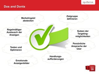 Dos and Donts


                                              Zielgruppe
             Marketingziel                    definieren
              abstecken



 Regelmäßiger
                                                      Nutzen der
 Austausch der
                                                      Targeting-
   Anzeigen
                                                     möglichkeiten


                                                   Persönliche
                                                  Ansprache der
   Testen und
                                                      User
   Optimieren

                               Handlungs-
                             aufforderungen
        Emotionale
       Anzeigenbilder
                                                                     SEITE

                                                                     39
 