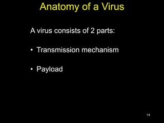 14
Anatomy of a Virus
A virus consists of 2 parts:
• Transmission mechanism
• Payload
 