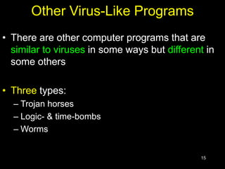 15
Other Virus-Like Programs
• There are other computer programs that are
similar to viruses in some ways but different in
some others
• Three types:
– Trojan horses
– Logic- & time-bombs
– Worms
 