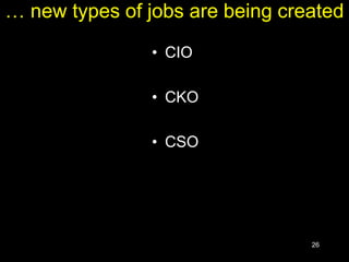 26
… new types of jobs are being created
• CIO
• CKO
• CSO
 