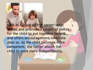 such as finding all the corner/edge
pieces and provides a couple of pieces
for the child to put together herself
and offers encouragement when she
does so. As the child becomes more
competent, the father allows the
child to work more independently.
 