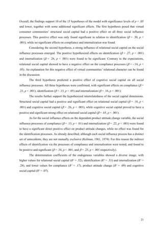 Overall, the findings support 10 of the 15 hypotheses of the model with significance levels of p < .05
and lower, together with some additional significant effects. The first hypothesis posed that virtual
consumer communities’ structural social capital had a positive effect on all three social influence
processes. This positive effect was only found significant in relation to identification (β = .30, p <
.001), while no significant effects on compliance and internalization was found.
        Considering the second hypothesis, a strong influence of relational social capital on the social
influence processes emerged. The positive hypothesized effects on identification (β = .27, p < .001)
and internalization (β = .26, p < .001) were found to be significant. Contrary to the expectations,
relational social capital showed to have a negative effect on the compliance processes (β = -.14, p <
.05). An explanation for this negative effect of virtual communities’ relational character can be found
in the discussion.
        The third hypothesis predicted a positive effect of cognitive social capital on all social
influence processes. All three hypotheses were confirmed, with significant effects on compliance (β =
.21, p < .001), identification (β = .13, p < .05) and internalization (β = .16, p < .001).
        The results further support the hypothesized interrelatedness of the social capital dimensions.
Structural social capital had a positive and significant effect on relational social capital (β = .18, p <
.001) and cognitive social capital (β = .26, p < .001), while cognitive social capital proved to have a
positive and significant strong effect on relational social capital (β = .65, p < .001).
        As for the social influence effects on the dependent product attitude change variable, the social
influence processes of compliance (β = .13, p < .01) and internalization (β = .22, p < .001) were found
to have a significant direct positive effect on product attitude changes, while no effect was found for
the identification processes. As already described, although each social influence process has a distinct
set of antecedents, they are not mutually exclusive (Kelman, 1961, 1974). For this reason the indirect
effects of identification via the processes of compliance and internalization were tested, and found to
be positive and significant (β = .34, p < .001, and β = .23, p < .001 respectively).
        The determination coefficients of the endogenous variables showed a diverse image, with
higher values for relational social capital (R² = .52), identification (R² = .31) and internalization (R² =
.28), and lower values for compliance (R² = .17), product attitude change (R² = .09) and cognitive
social capital (R² = .07).




                                                                                                        21
 