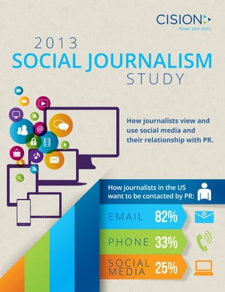 2013

SOCIAL JOURNALISM
STUDY

How journalists view and
u
 se social media and 
their relationship with PR.

How journalists in the US
want to be contacted by PR:

EMAIL

82%

PHONE

33%

SOCIAL
MEDIA

25%

 