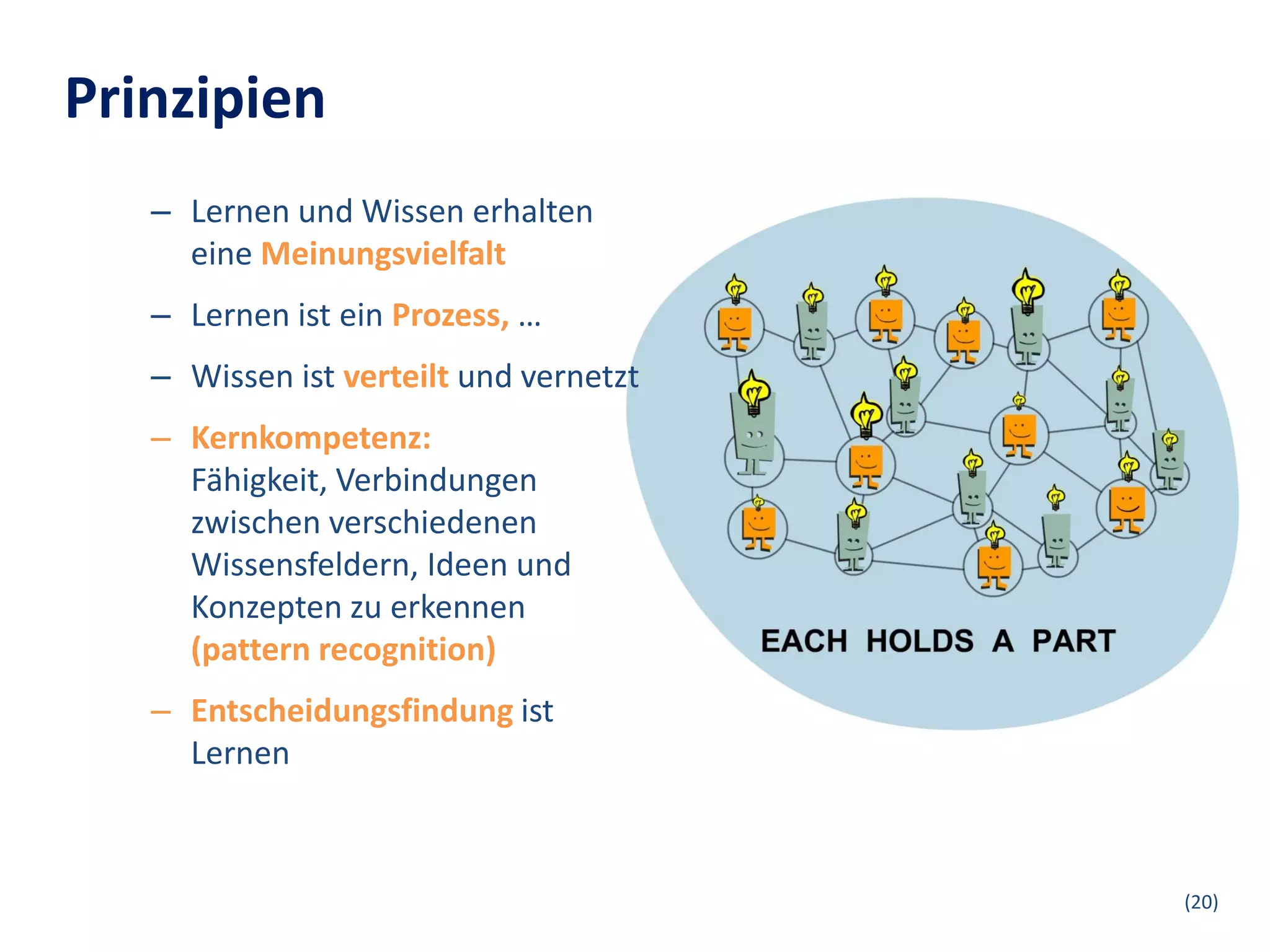 Prinzipien
   – Lernen und Wissen erhalten
     eine Meinungsvielfalt
   – Lernen ist ein Prozess, …
   – Wissen ist verteilt und vernetzt
   – Kernkompetenz:
     Fähigkeit, Verbindungen
     zwischen verschiedenen
     Wissensfeldern, Ideen und
     Konzepten zu erkennen
     (pattern recognition)
   – Entscheidungsfindung ist
     Lernen



                                        (20)
 