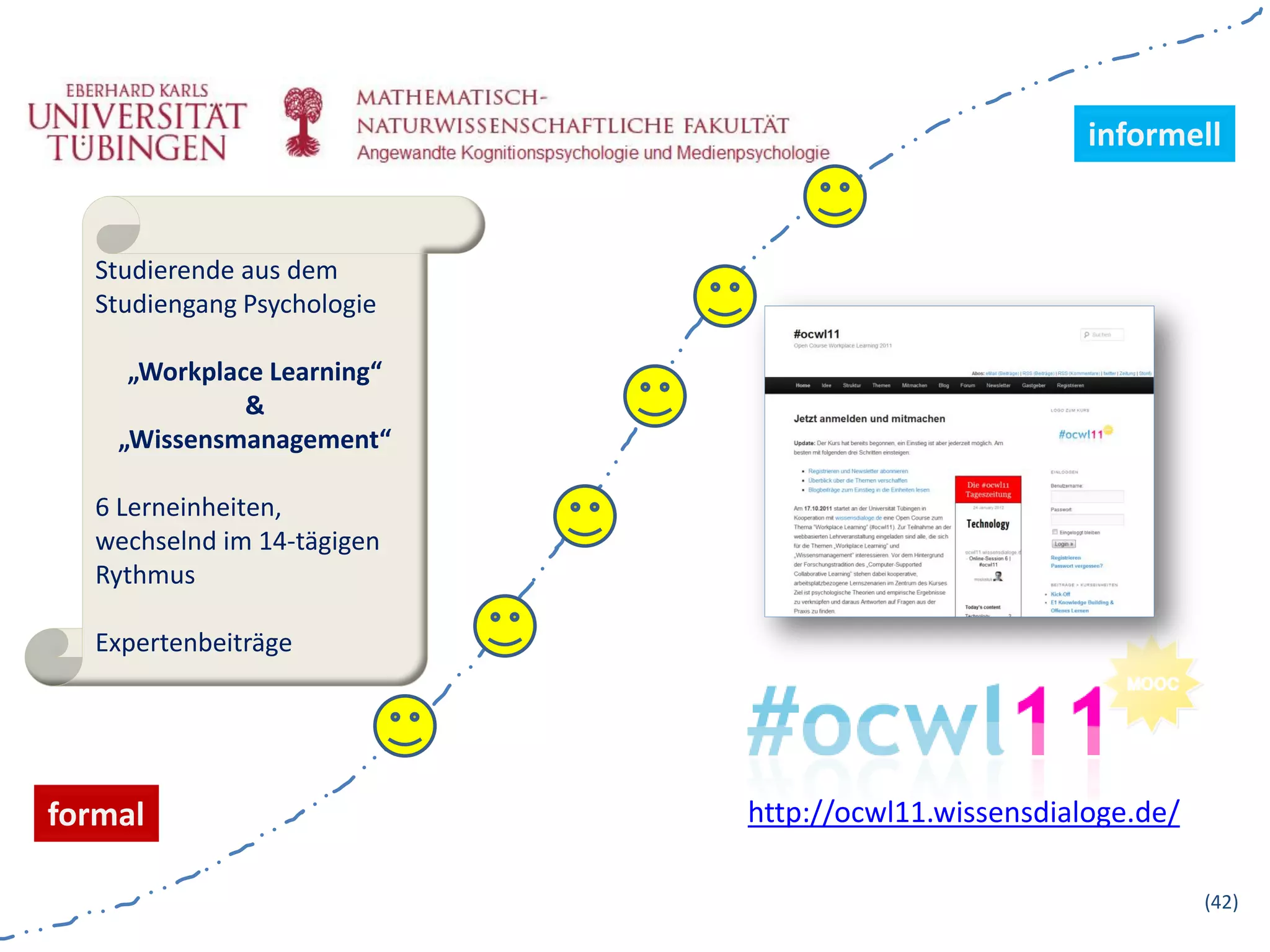 informell


  Studierende aus dem
  Studiengang Psychologie

     „Workplace Learning“
              &
    „Wissensmanagement“

  6 Lerneinheiten,
  wechselnd im 14-tägigen
  Rythmus

  Expertenbeiträge




formal                      http://ocwl11.wissensdialoge.de/

                                                               (42)
 
