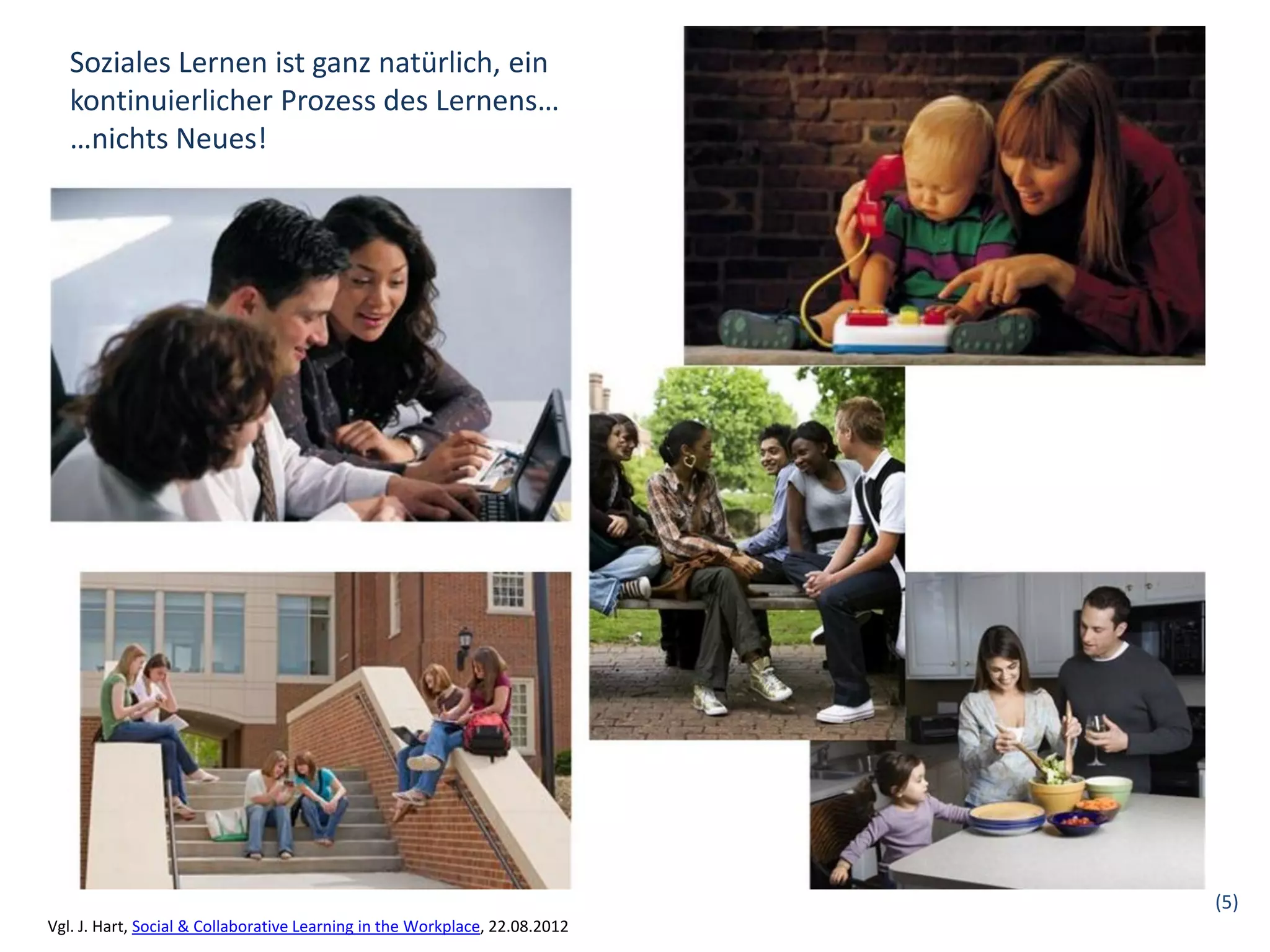 Soziales Lernen ist ganz natürlich, ein
   kontinuierlicher Prozess des Lernens…
   …nichts Neues!




                                                                             (5)
Vgl. J. Hart, Social & Collaborative Learning in the Workplace, 22.08.2012
 