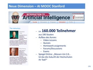 Neue Dimension – AI MOOC Stanford




                ca. 160.000 Teilnehmer
                 aus 190 Staaten
                Aufbau des Kurses:
                    Video Lessons
                    Quizzes
                    Homework assignments
                    Forums/Discussions
                    Exams
                Spiegel Online: „Massen-Uni 2.0…
                 Ist das die Zukunft der Hochschulen
                 ihr Tod?“

                                                       (35)
 