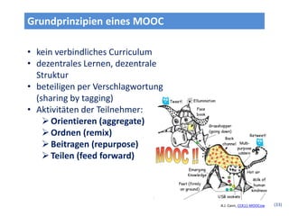 Grundprinzipien eines MOOC

• kein verbindliches Curriculum
• dezentrales Lernen, dezentrale
  Struktur
• beteiligen per Verschlagwortung
  (sharing by tagging)
• Aktivitäten der Teilnehmer:
     Orientieren (aggregate)
     Ordnen (remix)
     Beitragen (repurpose)
     Teilen (feed forward)




                                    A.J. Cann, CCK11-MOOCow   (33)
 