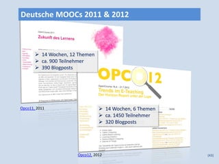 Deutsche MOOCs 2011 & 2012



        14 Wochen, 12 Themen
        ca. 900 Teilnehmer
        390 Blogposts




Opco11, 2011                     14 Wochen, 6 Themen
                                 ca. 1450 Teilnehmer
                                 320 Blogposts




                      Opco12, 2012                      (43)
 