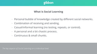 What is Social Learning 
- Personal bubble of knowledge created by different social networks. 
- Combination of receiving and sending. 
- Casual/informal learning (no testing, repeats, or control). 
- A personal and a bit chaotic process. 
- Continuous & small chunks. 
The key aspects of Social Learning on a individual level. 
 