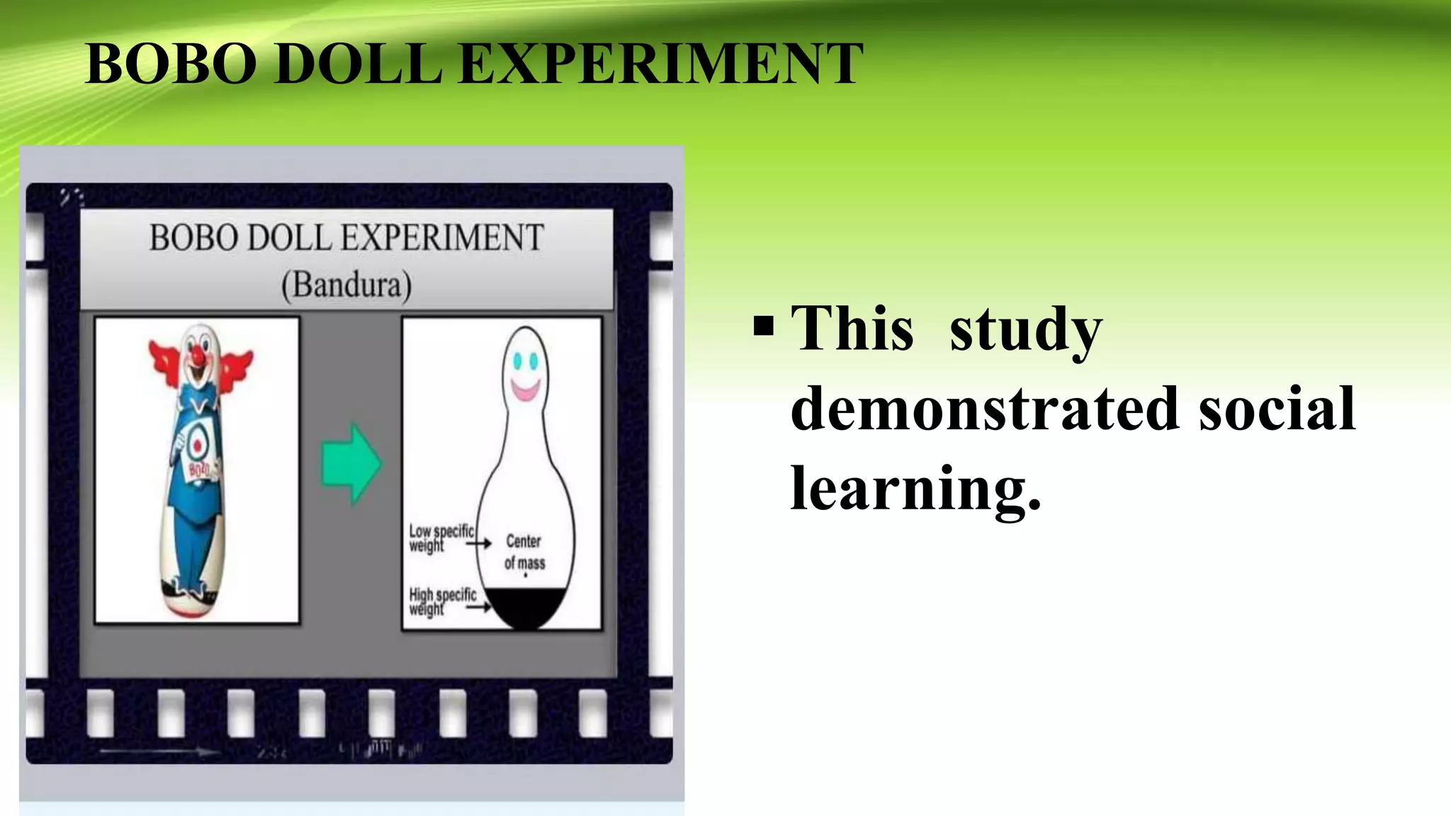 BOBO DOLL EXPERIMENT
 This study
demonstrated social
learning.
 
