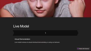 Live Model
Actual Demonstration
Live model involves an actual individual demonstrating or acting out behavior.
 