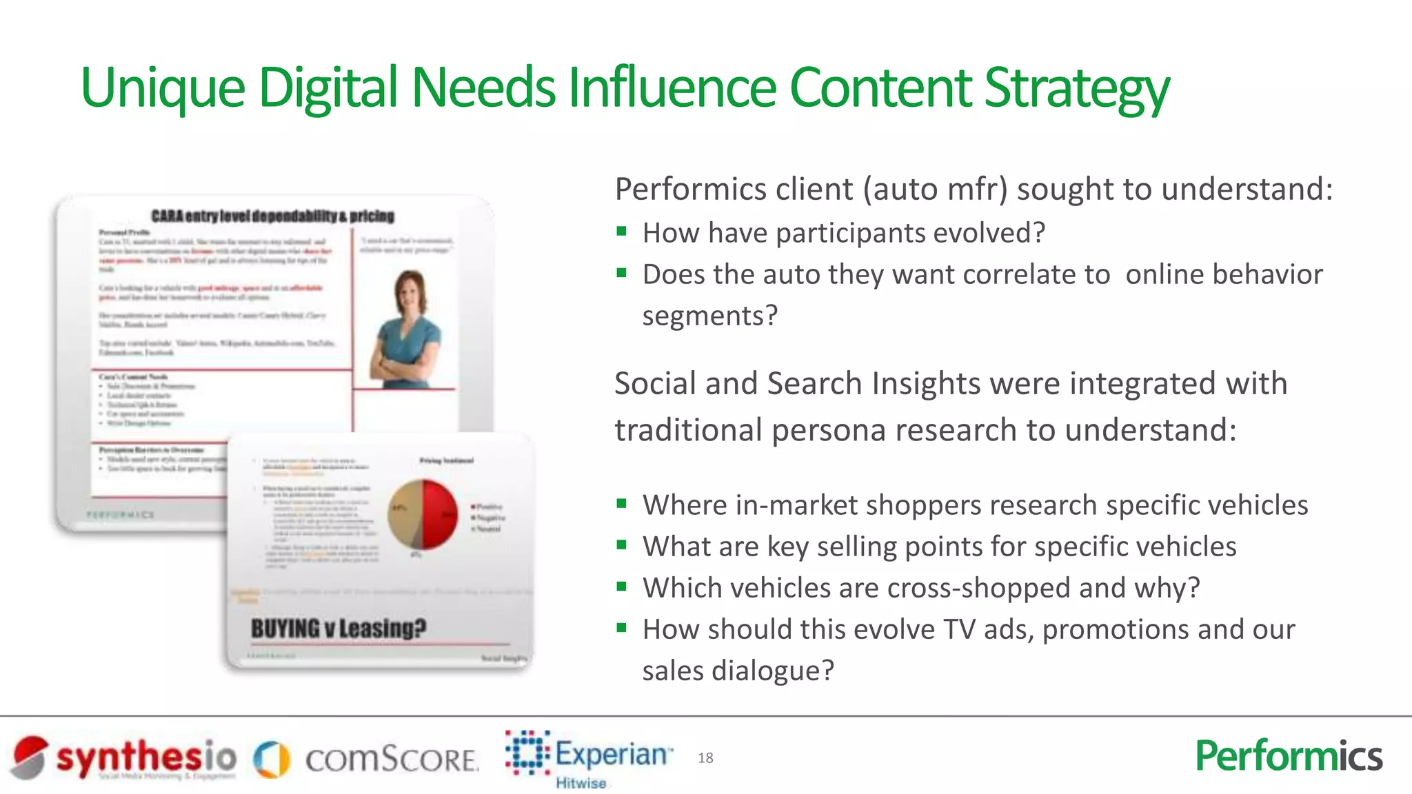 Unique Digital Needs Influence Content Strategy
                       Performics client (auto mfr) sought to understand:
                        How have participants evolved?
                        Does the auto they want correlate to online behavior
                         segments?

                       Social and Search Insights were integrated with
                       traditional persona research to understand:

                          Where in-market shoppers research specific vehicles
                          What are key selling points for specific vehicles
                          Which vehicles are cross-shopped and why?
                          How should this evolve TV ads, promotions and our
                           sales dialogue?

                               18
 