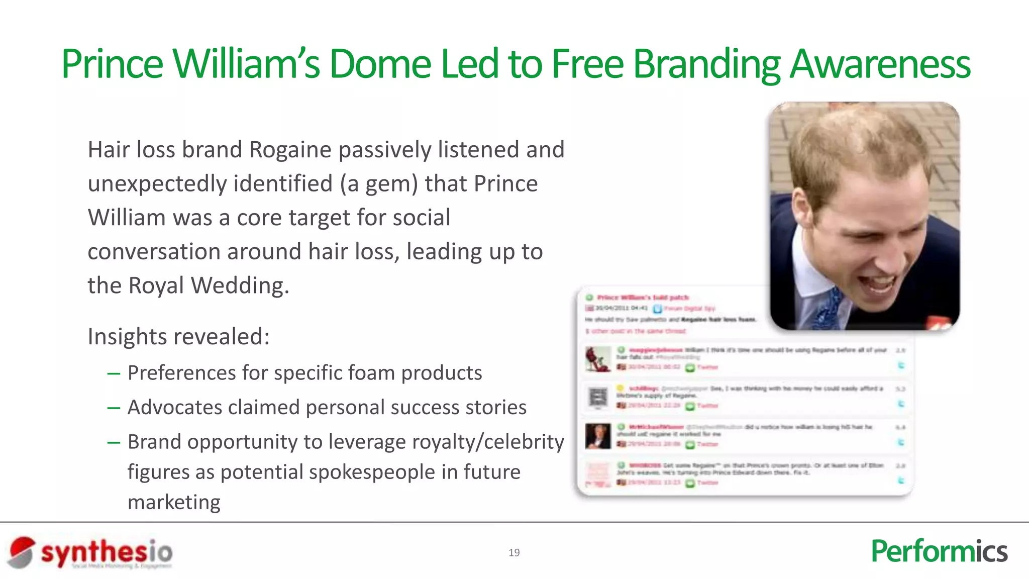 Prince William’s Dome Led to Free Branding Awareness
 Hair loss brand Rogaine passively listened and
 unexpectedly identified (a gem) that Prince
 William was a core target for social
 conversation around hair loss, leading up to
 the Royal Wedding.
 Insights revealed:
  – Preferences for specific foam products
  – Advocates claimed personal success stories
  – Brand opportunity to leverage royalty/celebrity
    figures as potential spokespeople in future
    marketing

                                             19
 