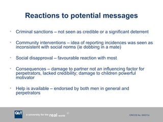 Reactions to potential messages Criminal sanctions – not seen as credible or a significant deterrent Community interventions – idea of reporting incidences was seen as inconsistent with social norms (ie dobbing in a mate) Social disapproval – favourable reaction with most Consequences – damage to partner not an influencing factor for perpetrators, lacked credibility; damage to children powerful motivator Help is available – endorsed by both men in general and perpetrators 