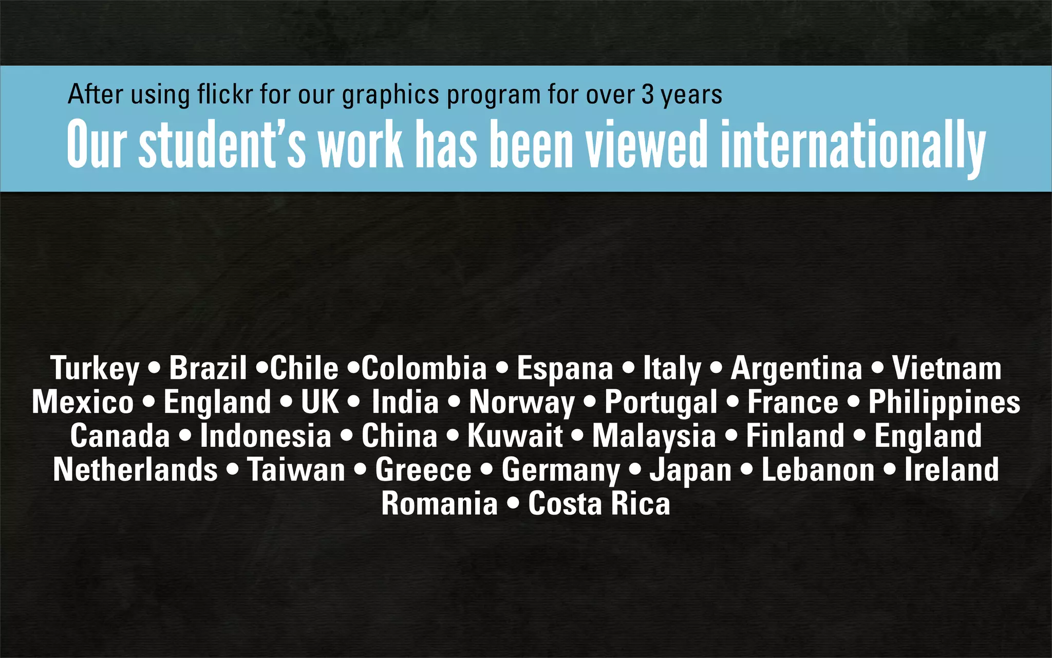 After using flickr for our graphics program for over 3 years

  Our student’s work has been viewed internationally


 Turkey • Brazil •Chile •Colombia • Espana • Italy • Argentina • Vietnam
Mexico • England • UK • India • Norway • Portugal • France • Philippines
  Canada • Indonesia • China • Kuwait • Malaysia • Finland • England
 Netherlands • Taiwan • Greece • Germany • Japan • Lebanon • Ireland
                          Romania • Costa Rica
 