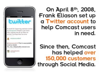 On April 8th, 2008,
Frank Eliason set up
a Twitter account to
 help Comcast users
            in need.

 Since then, Comcast
     has helped over
   150,000 customers
through Social Media.
 