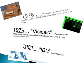 1979 … “Visicalc”  Produced the 1 st   office application (spreadsheeet) This turned the ‘Apple II’ into a serious busines tool. 1981...  “IBM ” created the 1 st  PC.  