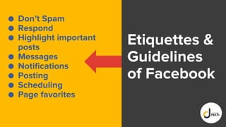 Etiquettes &
Guidelines
of Facebook
● Don’t Spam
● Respond
● Highlight important
posts
● Messages
● Notifications
● Posting
● Scheduling
● Page favorites
 