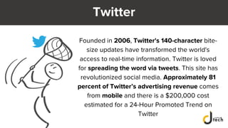 Twitter
Founded in 2006, Twitter's 140-character bite-
size updates have transformed the world's
access to real-time information. Twitter is loved
for spreading the word via tweets. This site has
revolutionized social media. Approximately 81
percent of Twitter’s advertising revenue comes
from mobile and there is a $200,000 cost
estimated for a 24-Hour Promoted Trend on
Twitter
 