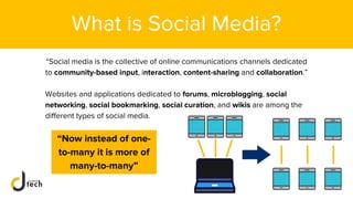What is Social Media?
“Social media is the collective of online communications channels dedicated
to community-based input, interaction, content-sharing and collaboration.”
Websites and applications dedicated to forums, microblogging, social
networking, social bookmarking, social curation, and wikis are among the
different types of social media.
“Now instead of one-
to-many it is more of
many-to-many”
 