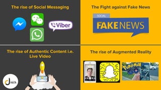 The rise of Social Messaging The Fight against Fake News
The rise of Authentic Content i.e.
Live Video
The rise of Augmented Reality
 