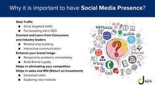 Why it is important to have Social Media Presence?
Web Traffic
● Drive targeted traffic
● For boosting site’s SEO
Connect and Learn from Consumers
and industry leaders
● Relationship building
● Interactive communication
Enhance your brand image
● Respond to problems immediately
● Build Brand Loyalty
Helps in eliminating your competition
Helps in sales and ROI (Return on Investment)
● Increased sales
● Exploring new markets
 