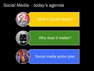 Social Media - today’s agenda

                What is Social Media?




                 Why does it matter?




               Social media action plan
 