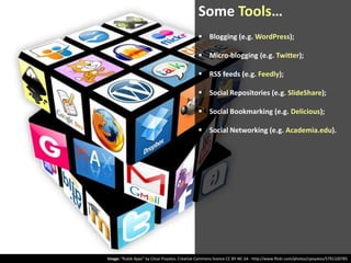 Some Tools…
 Blogging (e.g. WordPress);
 Micro-blogging (e.g. Twitter);
 RSS feeds (e.g. Feedly);
 Social Repositories (e.g. SlideShare);
 Social Bookmarking (e.g. Delicious);
 Social Networking (e.g. Academia.edu).

Image: “Rubik Apps” by César Poyatos. Creative Commons licence CC BY-NC-SA - http://www.flickr.com/photos/cpoyatos/5791320785

 