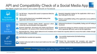 API and Compatibility Check of a Social Media App
© 2017 Indium Software
The Client: Largest job search and career network on Facebook
Business
Requirement
Our
Solutions
Business
Impact
End to end functional and compatibility testing of the
application with Facebook
No QA Team | Required QA vendor to implement effective
QA process
Required Integration testing for the application which was a
big challenge for the client
Perform compatibility testing of the application across platforms
and browsers
Implemented “Business Matrix Model” approach which
covers the core functionality of the application
Built effective reusable test repository
Technologies – Development Framework – MySQL, Java, TOMCAT; Data base – MySQL 5.6.15
Tools: Defect Management Tool – Bughost
Reported Blocker, Critical, Major defects for all 3 modules and re-tested the reported defects to ensure the build is stable enough
before rolling out to customers
Performed Functional & Compatibility Testing and API Testing in
Facebook
Provided test strategy for all three modules and used Facebook
APIs to generate 500 mock users to test the application
Browsers Supported – All versions of IE, Firefox and Chrome
OS Supported – All versions of iOS, Android and Blackberry
Shared the documented test scenarios and execution
summary reports to help developers prioritize their efforts
Created sanity test suite to check each build once the code
in deployed
Successfully implemented QA Methodology
and process Process
1
 