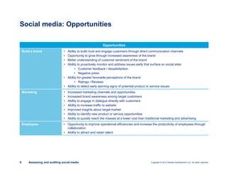 Copyright © 2012 Deloitte Development LLC. All rights reserved.9 Assessing and auditing social media
Opportunities
Build a brand • Ability to build trust and engage customers through direct communication channels
• Opportunity to grow through increased awareness of the brand
• Better understanding of customer sentiment of the brand
• Ability to proactively monitor and address issues early that surface on social sites
• Customer feedback / dissatisfaction
• Negative press
• Ability for greater favorable perceptions of the brand
• Ratings / Reviews
• Ability to detect early warning signs of potential product or service issues
Marketing • Increased marketing channels and opportunities
• Increased brand awareness among target customers
• Ability to engage in dialogue directly with customers
• Ability to increase traffic to website
• Improved insights about target market
• Ability to identify new product or service opportunities
• Ability to quickly reach the masses at a lower cost than traditional marketing and advertising
Employees • Opportunity to improve operational efficiencies and increase the productivity of employees through
collaboration
• Ability to attract and retain talent
Social media: Opportunities
 