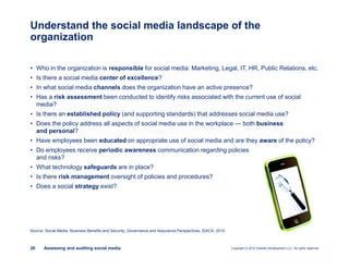 Copyright © 2012 Deloitte Development LLC. All rights reserved.26 Assessing and auditing social media
• Who in the organization is responsible for social media: Marketing, Legal, IT, HR, Public Relations, etc.
• Is there a social media center of excellence?
• In what social media channels does the organization have an active presence?
• Has a risk assessment been conducted to identify risks associated with the current use of social
media?
• Is there an established policy (and supporting standards) that addresses social media use?
• Does the policy address all aspects of social media use in the workplace — both business
and personal?
• Have employees been educated on appropriate use of social media and are they aware of the policy?
• Do employees receive periodic awareness communication regarding policies
and risks?
• What technology safeguards are in place?
• Is there risk management oversight of policies and procedures?
• Does a social strategy exist?
Understand the social media landscape of the
organization
Source: Social Media: Business Benefits and Security, Governance and Assurance Perspectives, ISACA, 2010
 