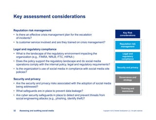 Copyright © 2012 Deloitte Development LLC. All rights reserved.32 Assessing and auditing social media
Reputation risk management
• Is there an effective crisis management plan for the escalation
of incidents?
• Is customer service involved and are they trained on crisis management?
Legal and regulatory compliance
• What is the landscape of the regulatory environment impacting the
organization (e.g., FINRA, NRLB, FTC, HIPAA )
• Does the policy support the regulatory landscape and do social media
operations comply with the internal policy, legal and regulatory requirements?
• Is the organization’s use of social media in compliance with social media site
policies?
Security and privacy
• Are the security and privacy risks associated with the adoption of social media
being addressed?
• What safeguards are in place to prevent data leakage?
• Are cyber security safeguards in place to detect and prevent threats from
social engineering attacks (e.g., phishing, identify theft)?
Key assessment considerations
Key Risk
considerations
Reputation risk
management
Legal and
regulatory
compliance
Security and privacy
Governance and
strategy
Training and
awareness
 