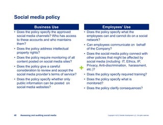 Copyright © 2012 Deloitte Development LLC. All rights reserved.40 Assessing and auditing social media
• Does the policy specify the approved
social media channels? Who has access
to these accounts and who maintains
them?
• Does the policy address intellectual
property rights?
• Does the policy require monitoring of all
content posted on social media sites?
• Does the policy give a careful
consideration to review and accept the
social media provider’s terms of service?
• Does the policy specify whether only
public information can be posted on
social media websites?
Social media policy
• Does the policy specify what the
employees can and cannot do on a social
network?
• Can employees communicate on behalf
of the Company?
• Does the social media policy connect with
other policies that might be affected by
social media (including IT, Ethics, IP,
Privacy, Anti-discrimination, harassment,
etc.)?
• Does the policy specify required training?
• Does the policy specify what is
monitored?
• Does the policy clarify consequences?
Business Use Employees’ Use
+
 