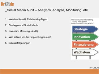 DrKPI.de
_Social Media Audit – Analytics, Analyse, Monitoring, etc.
2014_05_16
1. Welcher Kanal? Relationship Mgmt.
2. Strategie und Social Media
3. Inventar / Messung (Audit)
4. Wie setzen wir die Empfehlungen um?
5. Schlussfolgerungen
 