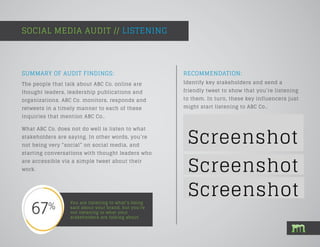 SUMMARY OF AUDIT FINDINGS:
SOCIAL MEDIA AUDIT // LISTENING
You are listening to what’s being
said about your brand, but you’re
not listening to what your
stakeholders are talking about.
The people that talk about ABC Co. online are
thought leaders, leadership publications and
organizations. ABC Co. monitors, responds and
retweets in a timely manner to each of these
inquiries that mention ABC Co..
What ABC Co. does not do well is listen to what
stakeholders are saying. In other words, you’re
not being very “social” on social media, and
starting conversations with thought leaders who
are accessible via a simple tweet about their
work.
RECOMMENDATION:
Identify key stakeholders and send a
friendly tweet to show that you’re listening
to them. In turn, these key influencers just
might start listening to ABC Co..
 