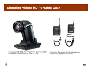 Shooting Video: HD Portable Gear




Sanyo Xacti HD1000 4MP MPEG4 High Definition 1080i   Sennheiser Camcorder Wireless Body-pack
Camcorder with 10x Optical Zoom -- $700              System with ME2 Omni Lavaliere




                                                                                               139
 